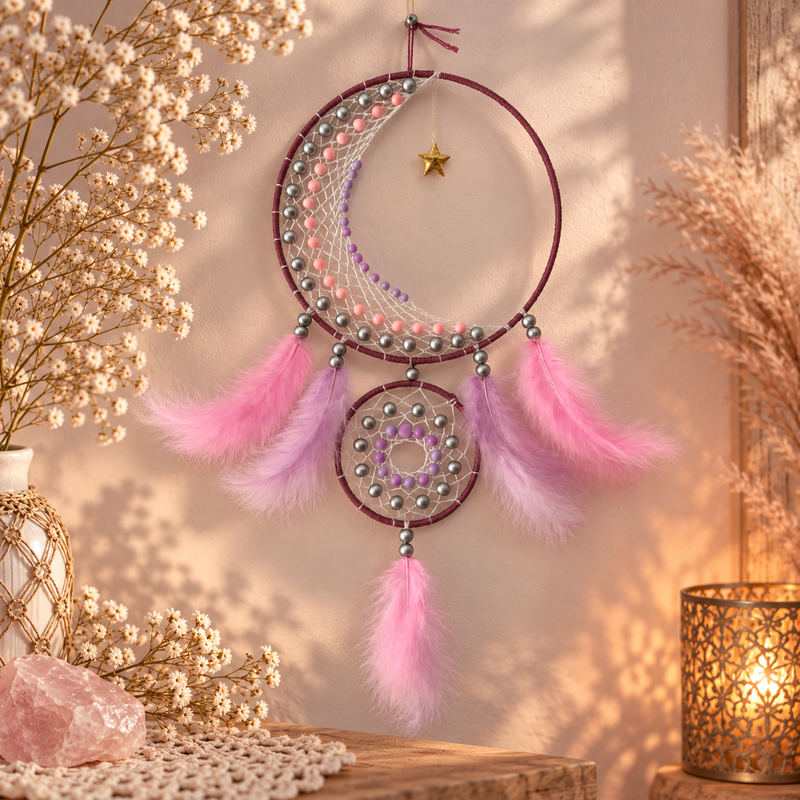 Attrape-rêves Lune rose – Fait main